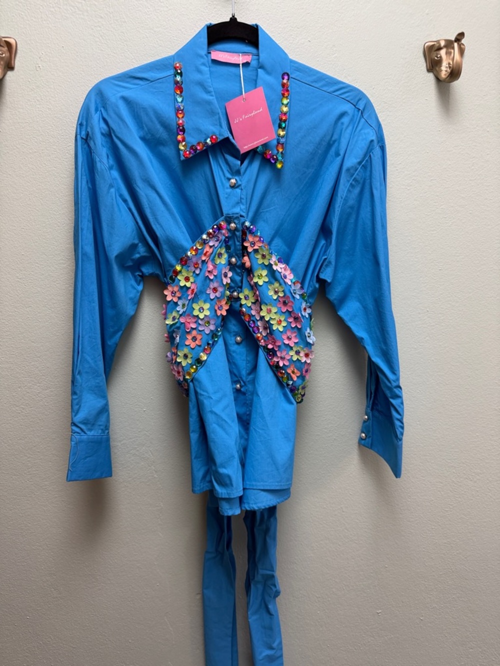 Vibrant Blue Embellished Button-Down Shirt with Floral Appliqué
